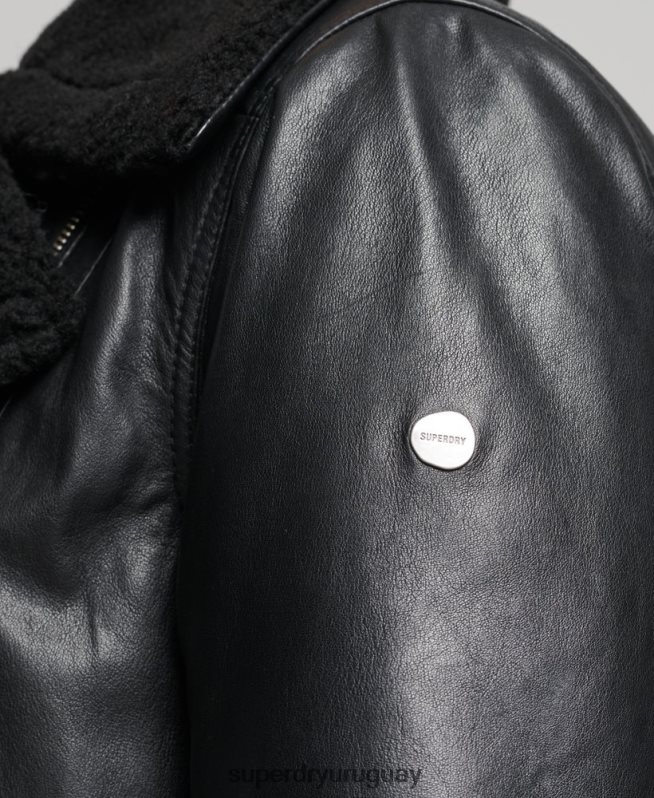 uy Superdry mujer chaqueta de aviador de cuero de estudios negro DT2N8Z3569 ropa
