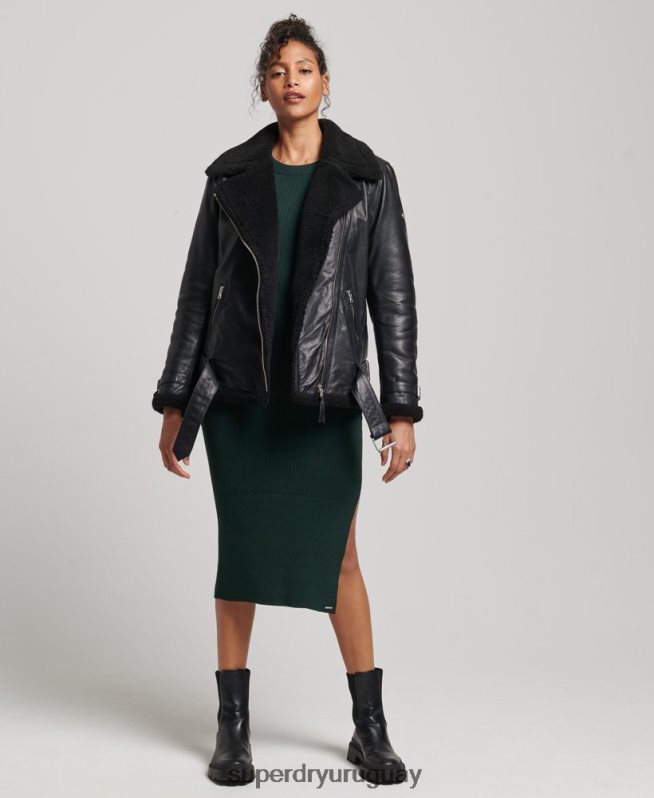 uy Superdry mujer chaqueta de aviador de cuero de estudios negro DT2N8Z3569 ropa