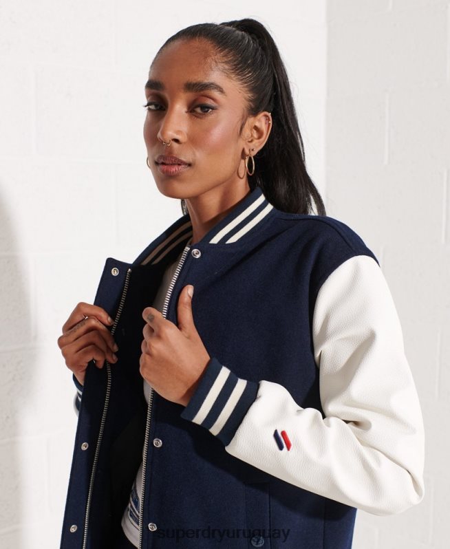 uy Superdry mujer chaqueta de béisbol del equipo universitario de lana Armada DT2N8Z5662 ropa