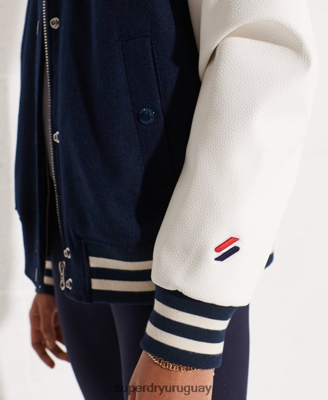 uy Superdry mujer chaqueta de béisbol del equipo universitario de lana Armada DT2N8Z5662 ropa