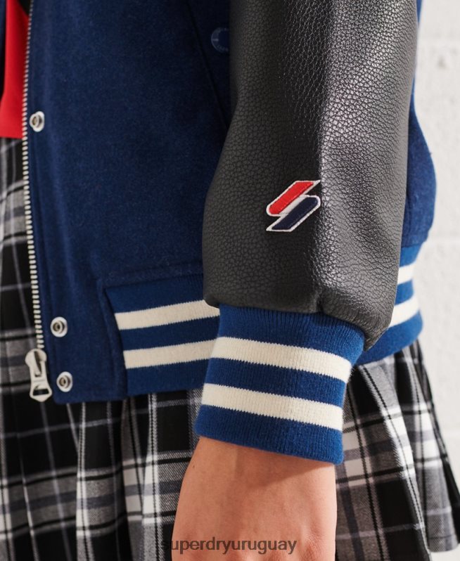 uy Superdry mujer chaqueta de béisbol del equipo universitario de lana azul DT2N8Z5478 ropa