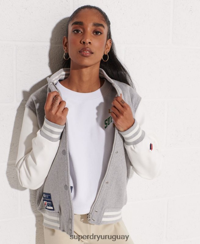 uy Superdry mujer chaqueta de béisbol del equipo universitario de lana gris claro DT2N8Z5585 ropa