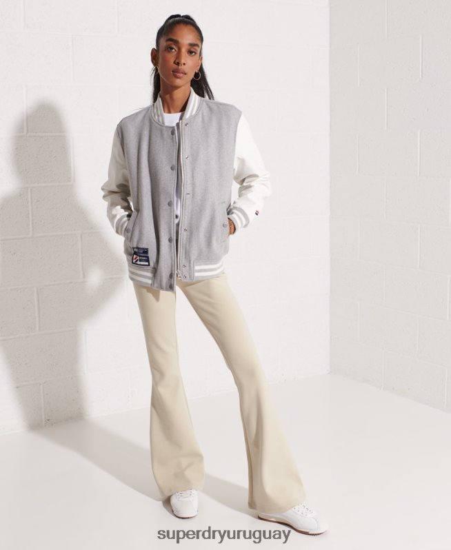 uy Superdry mujer chaqueta de béisbol del equipo universitario de lana gris claro DT2N8Z5585 ropa