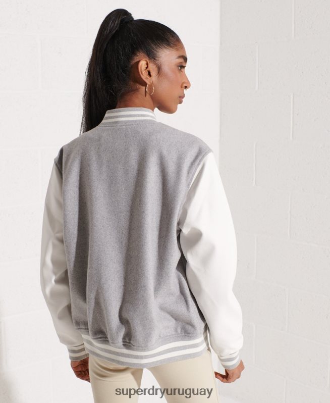 uy Superdry mujer chaqueta de béisbol del equipo universitario de lana gris claro DT2N8Z5585 ropa