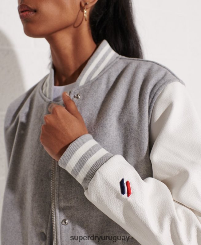 uy Superdry mujer chaqueta de béisbol del equipo universitario de lana gris claro DT2N8Z5585 ropa