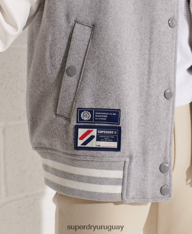 uy Superdry mujer chaqueta de béisbol del equipo universitario de lana gris claro DT2N8Z5585 ropa