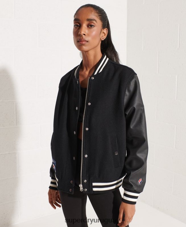 uy Superdry mujer chaqueta de béisbol del equipo universitario de lana negro DT2N8Z5726 ropa