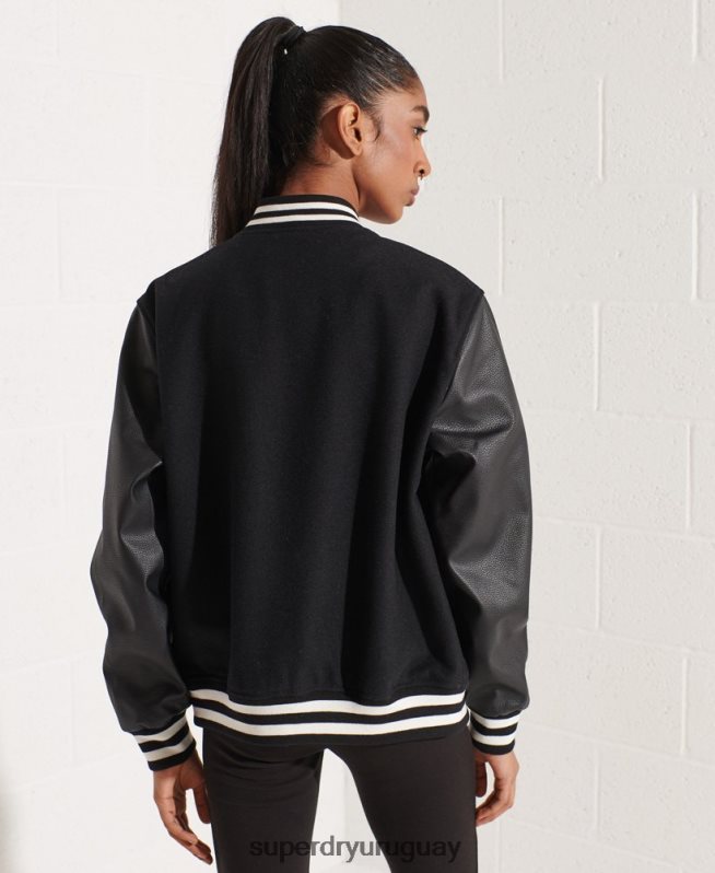 uy Superdry mujer chaqueta de béisbol del equipo universitario de lana negro DT2N8Z5726 ropa