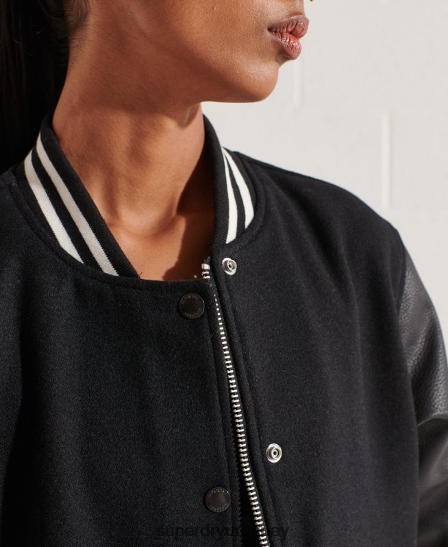 uy Superdry mujer chaqueta de béisbol del equipo universitario de lana negro DT2N8Z5726 ropa