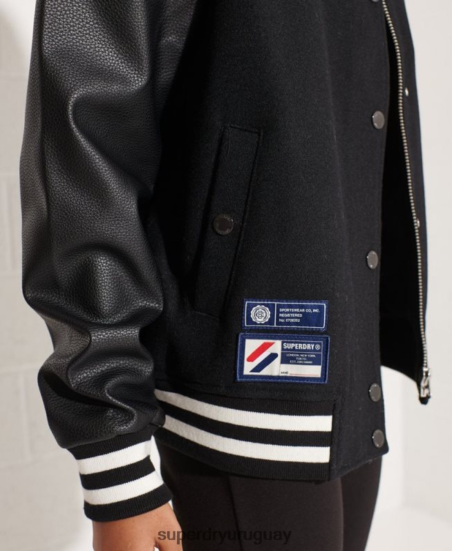uy Superdry mujer chaqueta de béisbol del equipo universitario de lana negro DT2N8Z5726 ropa