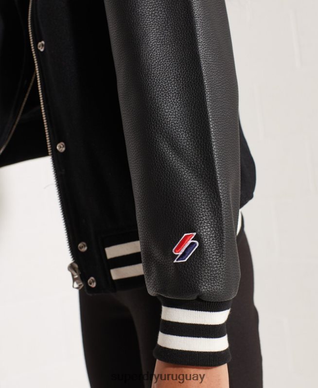 uy Superdry mujer chaqueta de béisbol del equipo universitario de lana negro DT2N8Z5726 ropa