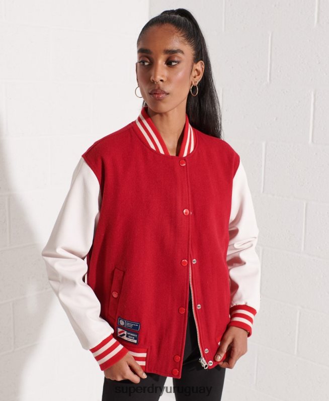 uy Superdry mujer chaqueta de béisbol del equipo universitario de lana rojo DT2N8Z5463 ropa