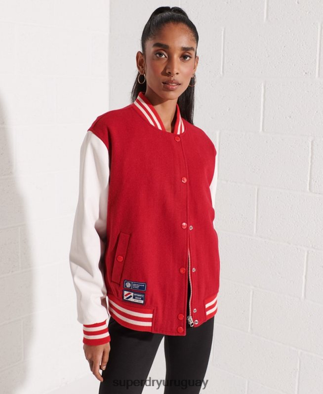 uy Superdry mujer chaqueta de béisbol del equipo universitario de lana rojo DT2N8Z5463 ropa