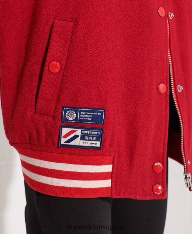 uy Superdry mujer chaqueta de béisbol del equipo universitario de lana rojo DT2N8Z5463 ropa