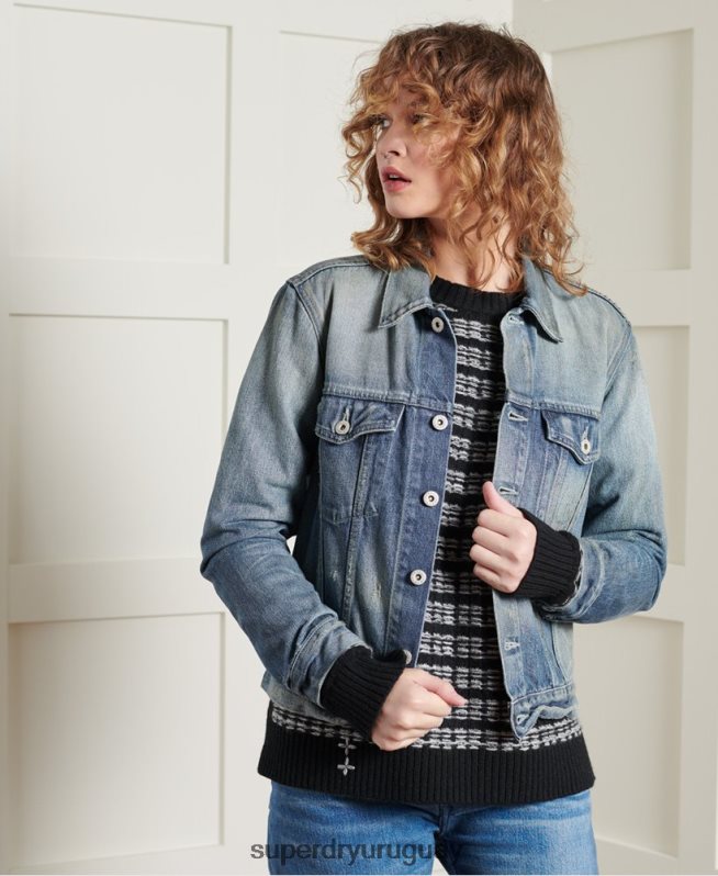 uy Superdry mujer chaqueta de camionero japonesa seca de edición limitada azul claro DT2N8Z3841 ropa