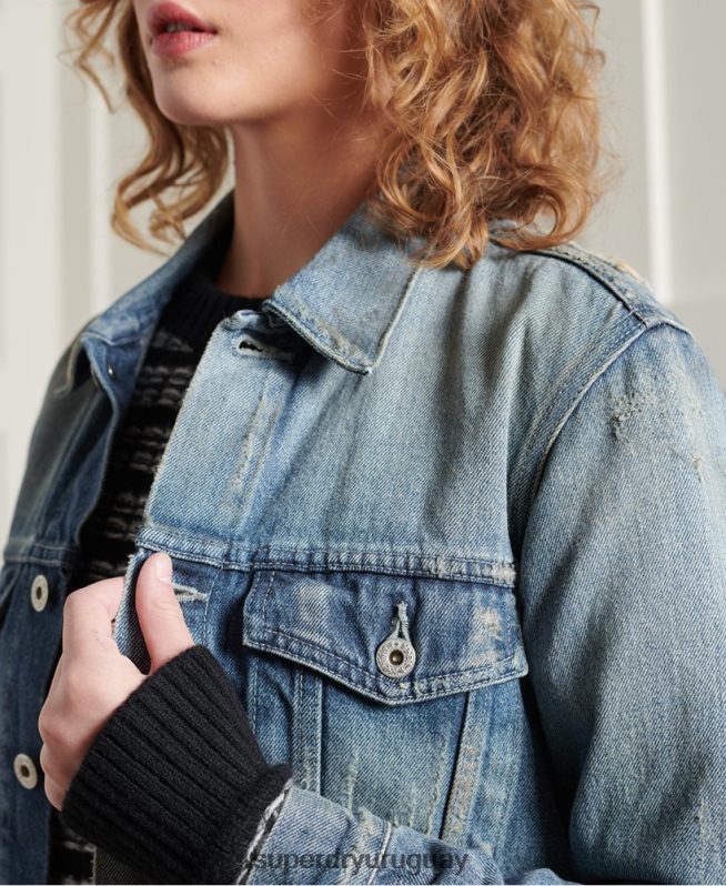 uy Superdry mujer chaqueta de camionero japonesa seca de edición limitada azul claro DT2N8Z3841 ropa