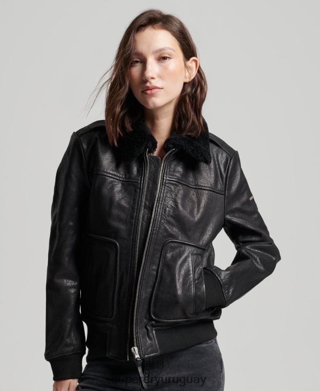 uy Superdry mujer chaqueta de cuero de vuelo de aviador negro DT2N8Z5702 ropa