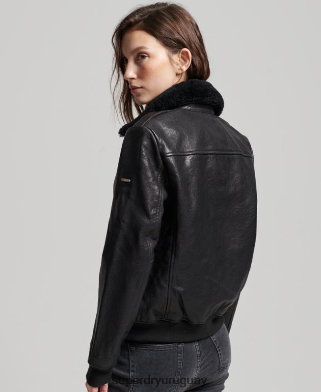 uy Superdry mujer chaqueta de cuero de vuelo de aviador negro DT2N8Z5702 ropa