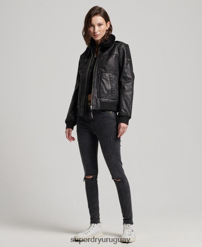 uy Superdry mujer chaqueta de cuero de vuelo de aviador negro DT2N8Z5702 ropa