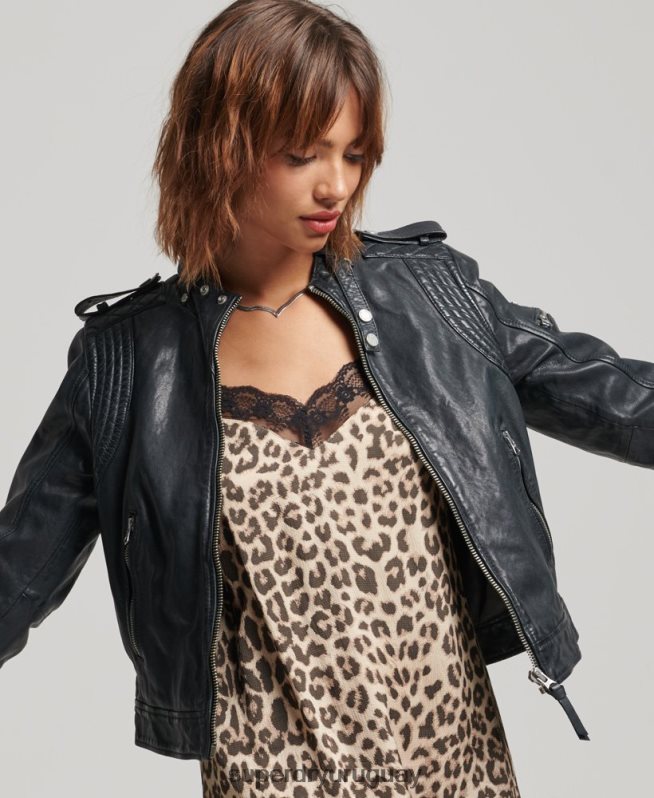 uy Superdry mujer chaqueta de motociclista de cuero vintage gris oscuro DT2N8Z2042 ropa