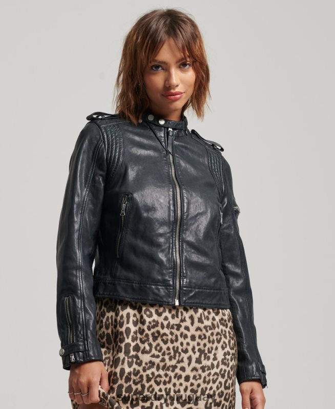 uy Superdry mujer chaqueta de motociclista de cuero vintage gris oscuro DT2N8Z2042 ropa