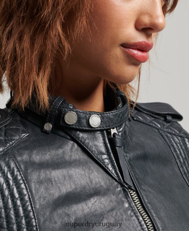 uy Superdry mujer chaqueta de motociclista de cuero vintage gris oscuro DT2N8Z2042 ropa