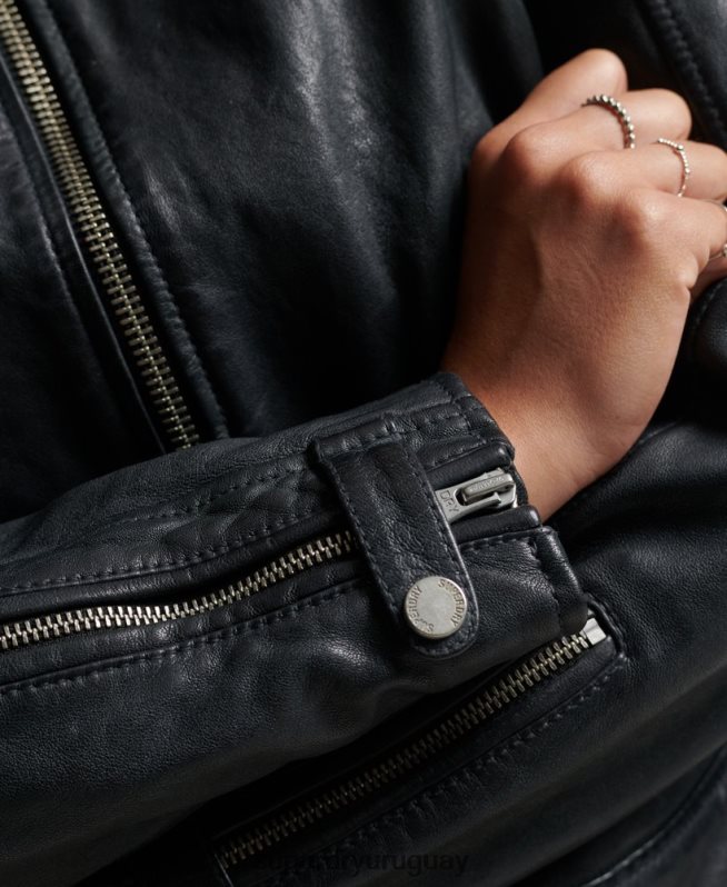 uy Superdry mujer chaqueta de motociclista de cuero vintage gris oscuro DT2N8Z2042 ropa