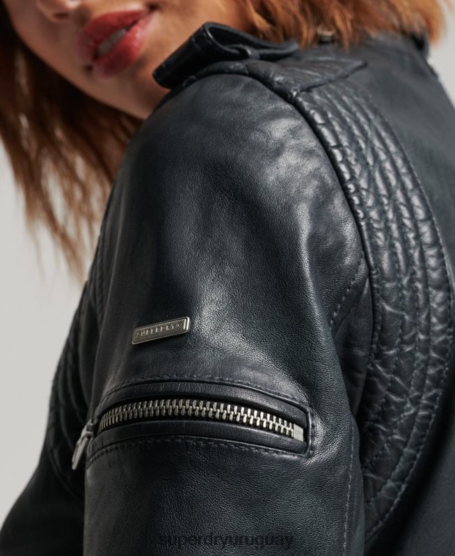 uy Superdry mujer chaqueta de motociclista de cuero vintage gris oscuro DT2N8Z2042 ropa