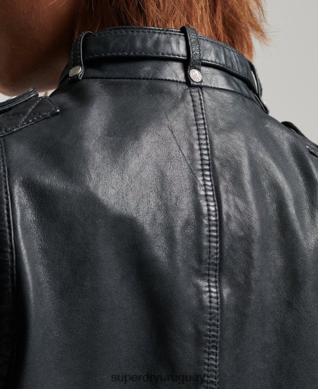 uy Superdry mujer chaqueta de motociclista de cuero vintage gris oscuro DT2N8Z2042 ropa