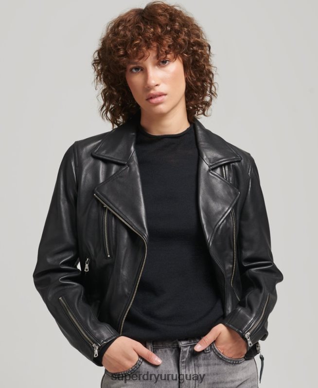 uy Superdry mujer chaqueta de motorista de cuero negro DT2N8Z3590 ropa