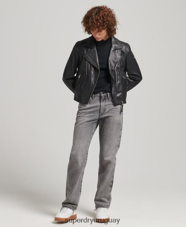 uy Superdry mujer chaqueta de motorista de cuero negro DT2N8Z3590 ropa
