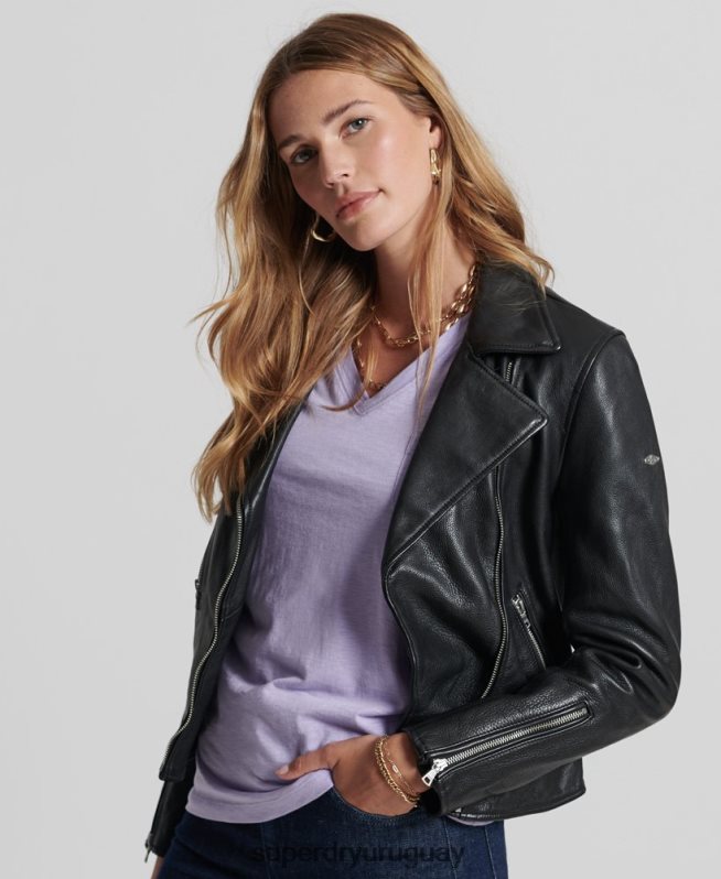 uy Superdry mujer chaqueta de motorista de cuero negro DT2N8Z3844 ropa
