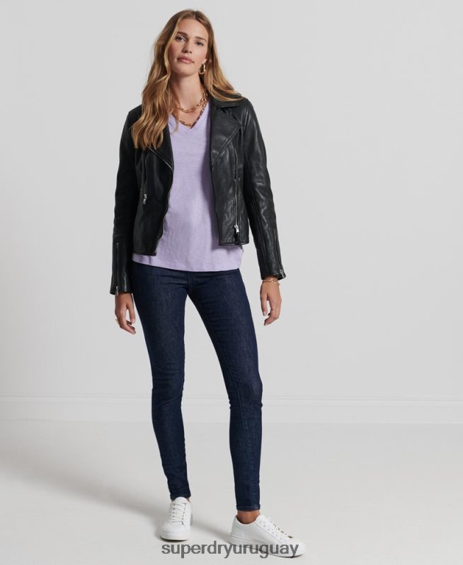 uy Superdry mujer chaqueta de motorista de cuero negro DT2N8Z3844 ropa