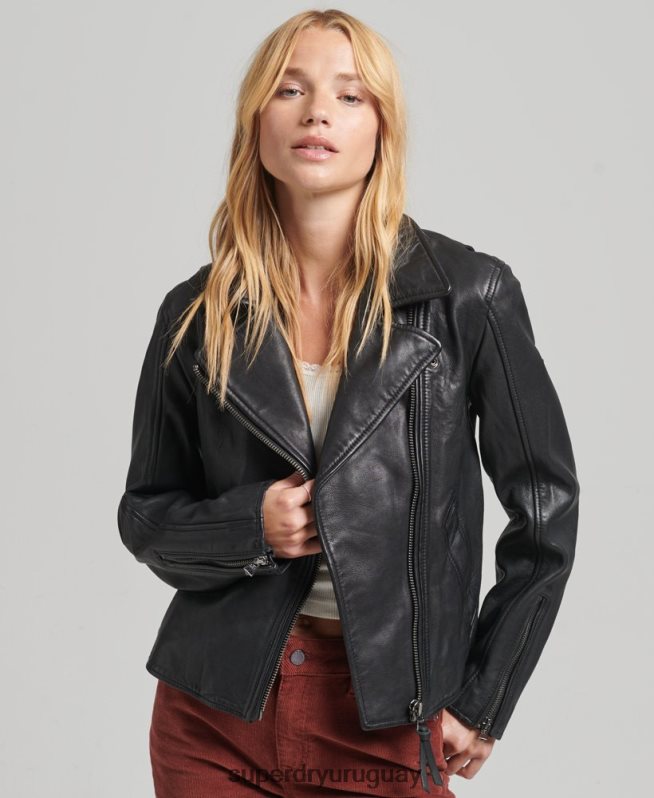 uy Superdry mujer chaqueta motera de cuero vintage gris oscuro DT2N8Z3819 ropa