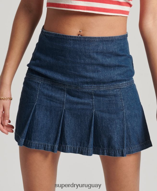 uy Superdry mujer minifalda de mezclilla vintage con pliegues azul oscuro DT2N8Z6742 ropa