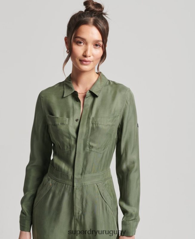 uy Superdry mujer mono camisero cupro manga larga verde DT2N8Z4104 ropa