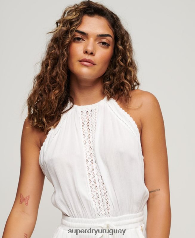 uy Superdry mujer mono corto con cuello halter blanco DT2N8Z2089 ropa