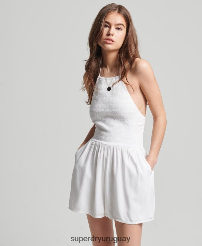 uy Superdry mujer mono corto con cuello halter y fruncido vintage blanco DT2N8Z4101 ropa
