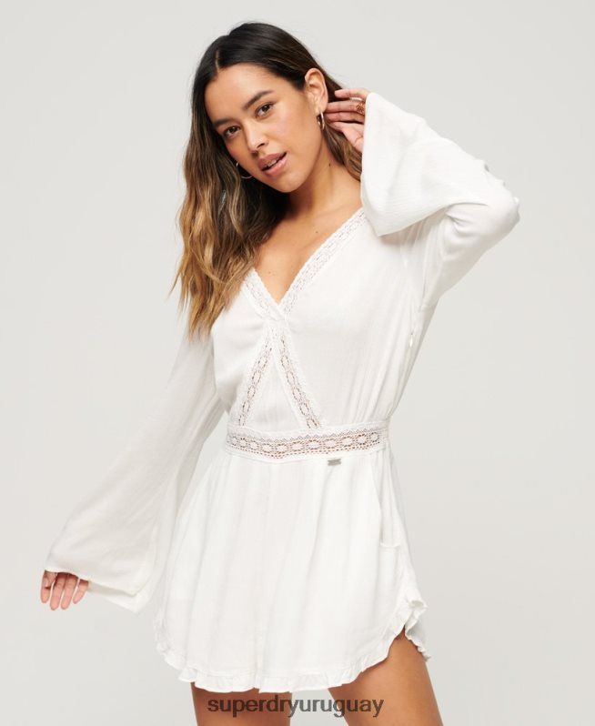 uy Superdry mujer mono corto con mangas acampanadas crema DT2N8Z2021 ropa