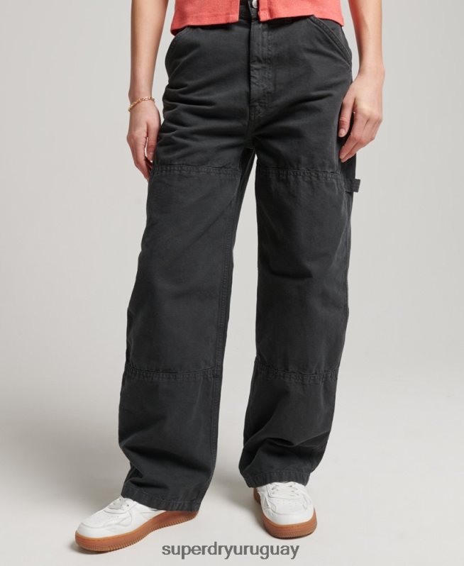 uy Superdry mujer Pantalón carpintero ancho vintage de algodón orgánico gris oscuro DT2N8Z2557 ropa