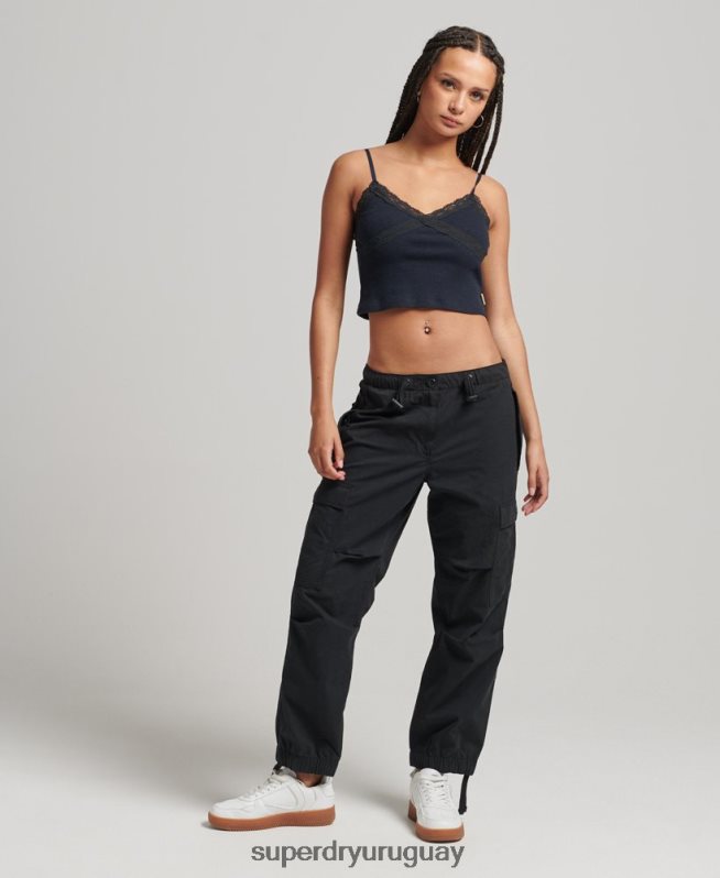 uy Superdry mujer pantalones de algodón orgánico con agarre de paracaídas negro DT2N8Z2604 ropa
