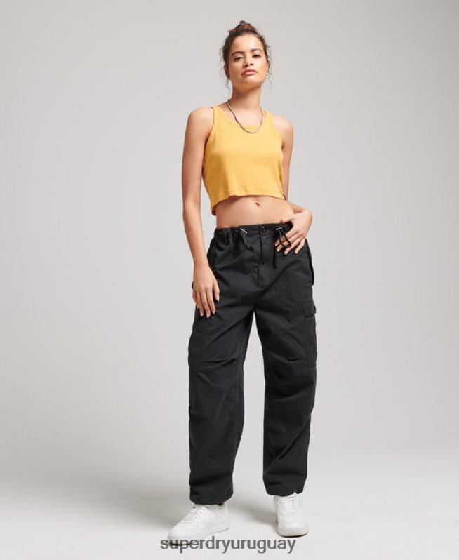 uy Superdry mujer pantalones de algodón orgánico con agarre de paracaídas negro DT2N8Z2608 ropa