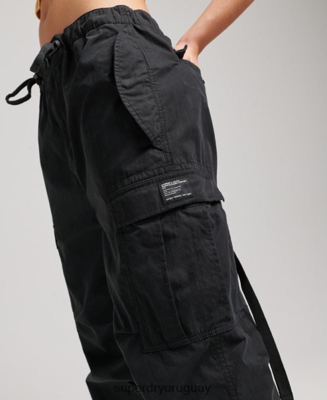 uy Superdry mujer pantalones de algodón orgánico con agarre de paracaídas negro DT2N8Z2608 ropa