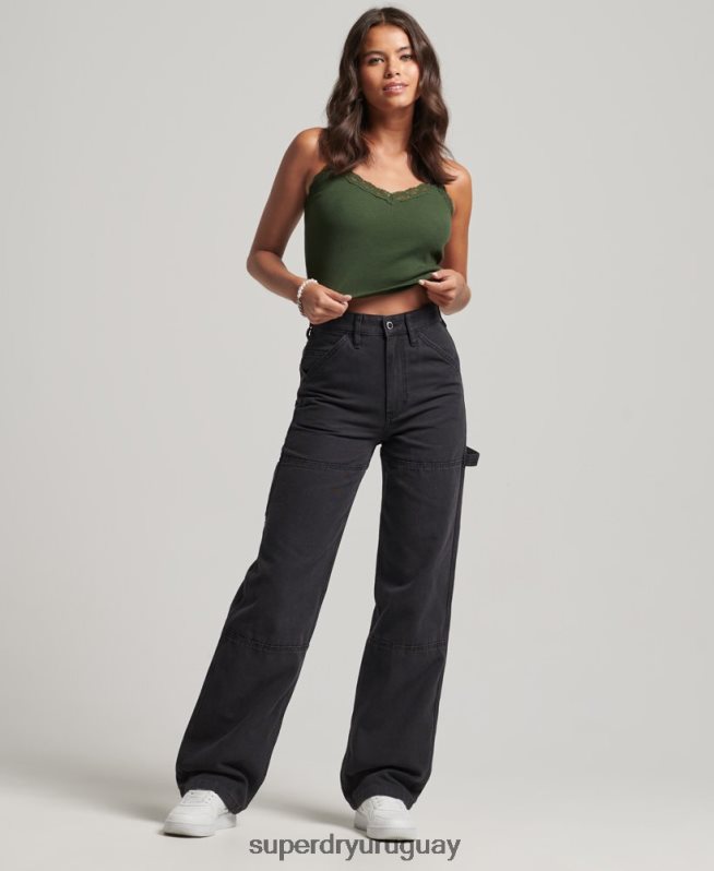 uy Superdry mujer pantalones de carpintero de pierna ancha negro DT2N8Z2559 ropa