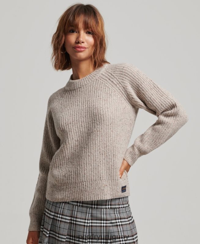 uy Superdry mujer jersey de canalé de tweed con cuello redondo beige DT2N8Z3974 ropa