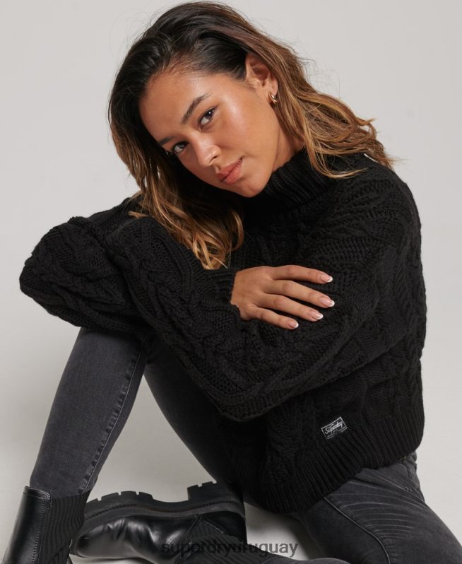 uy Superdry mujer jersey de ochos con cuello de polo negro DT2N8Z3976 ropa
