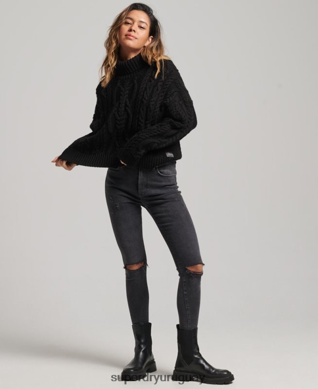 uy Superdry mujer jersey de ochos con cuello de polo negro DT2N8Z3976 ropa