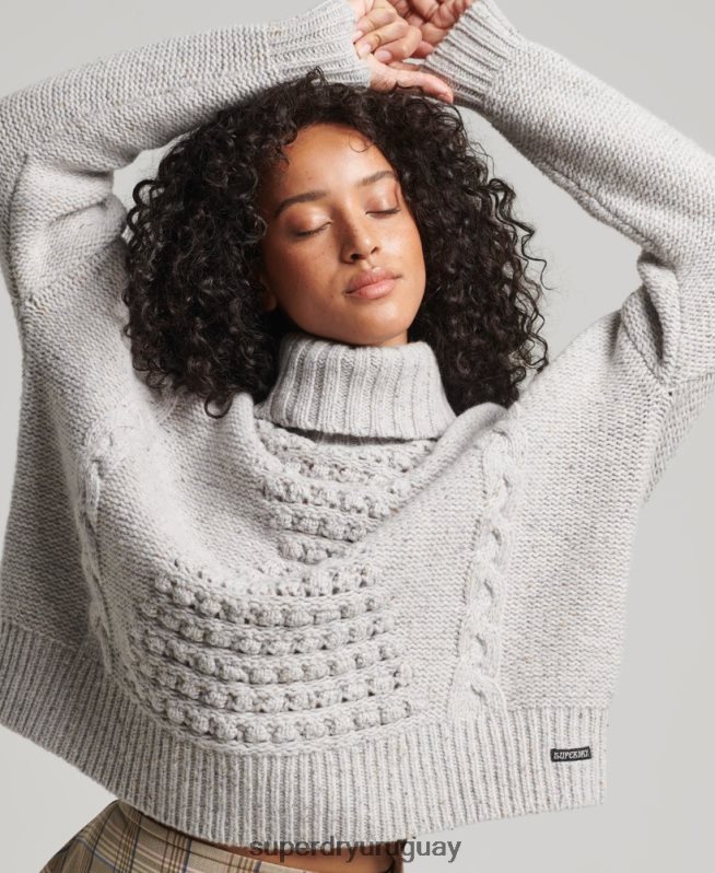 uy Superdry mujer jersey de ochos grueso con cuello vuelto blanco DT2N8Z4010 ropa