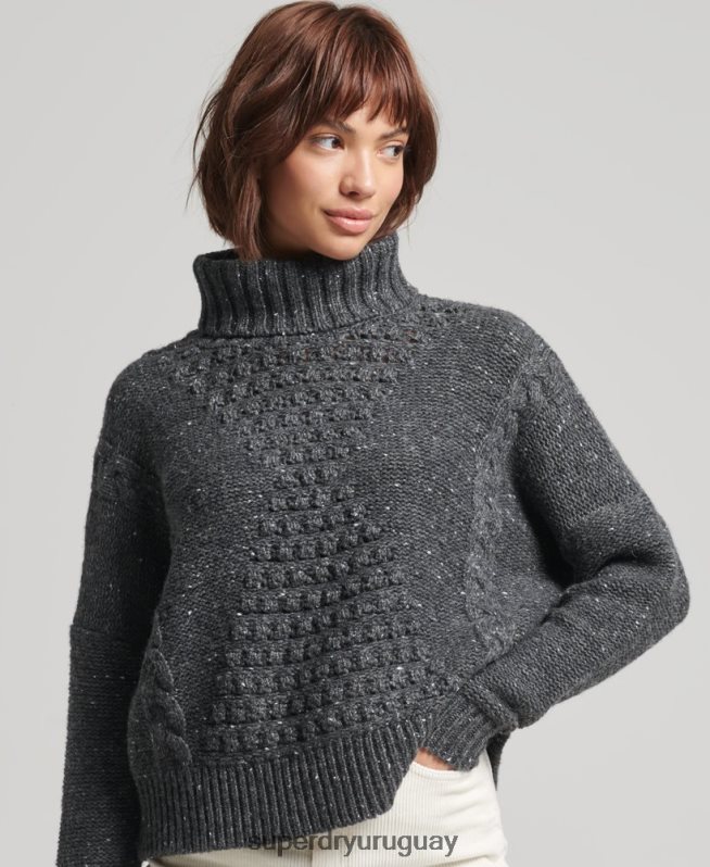 uy Superdry mujer jersey de ochos grueso con cuello vuelto gris DT2N8Z6614 ropa