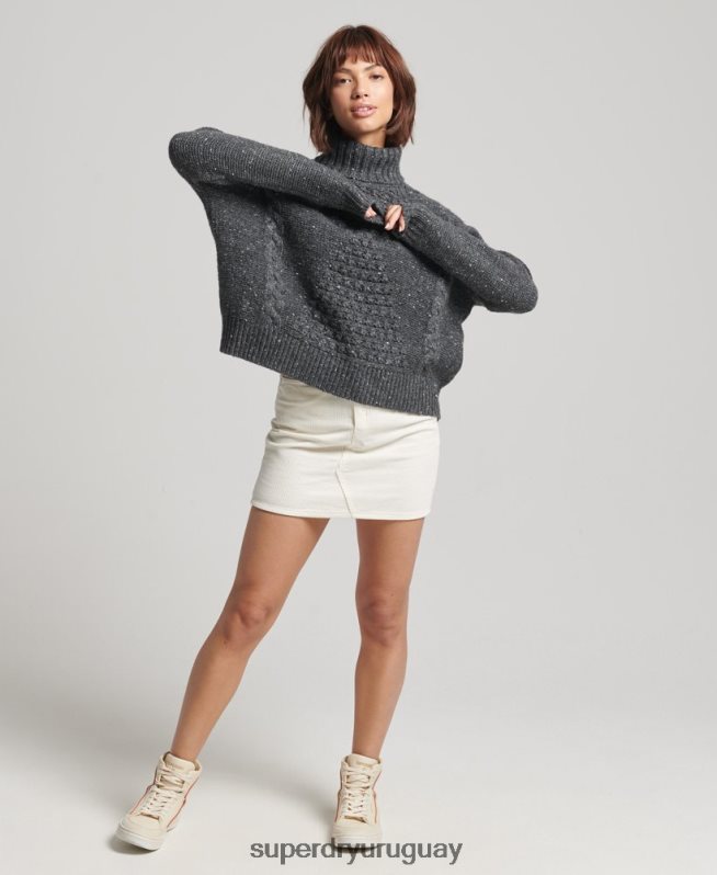 uy Superdry mujer jersey de ochos grueso con cuello vuelto gris DT2N8Z6614 ropa